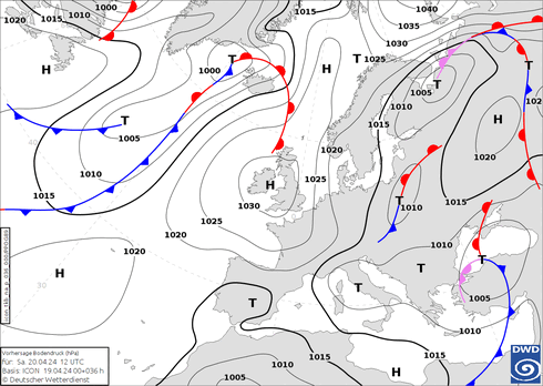 DWD Fronts so. 20.04.2024 12 UTC