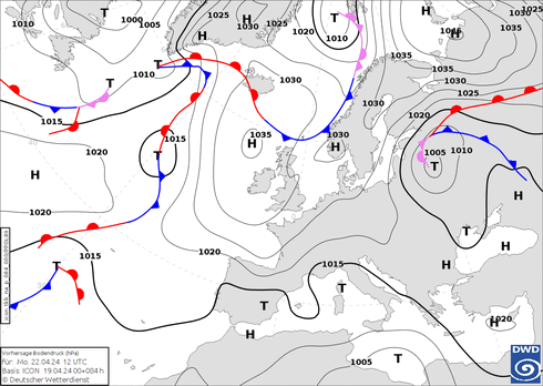 DWD Fronts lun 22.04.2024 12 UTC