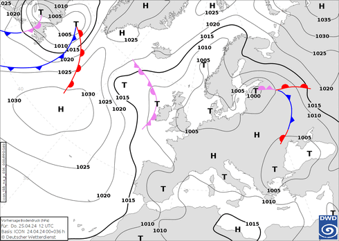 DWD Fronts czw. 25.04.2024 12 UTC