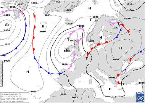 DWD Fronts wto. 30.04.2024 12 UTC