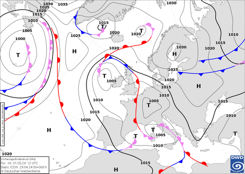 DWD Fronts Qua 01.05.2024 12 UTC