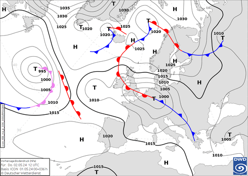 DWD Fronts czw. 02.05.2024 12 UTC