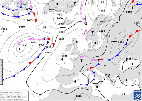 DWD Fronts wto. 07.05.2024 12 UTC