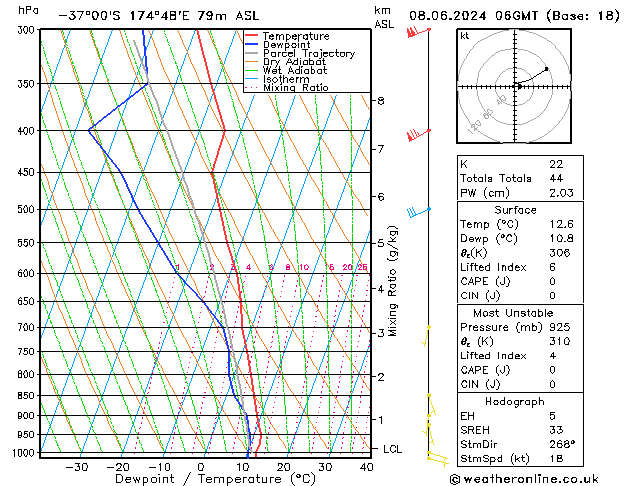 Modell Radiosonden GFS Sa 08.06.2024 06 UTC