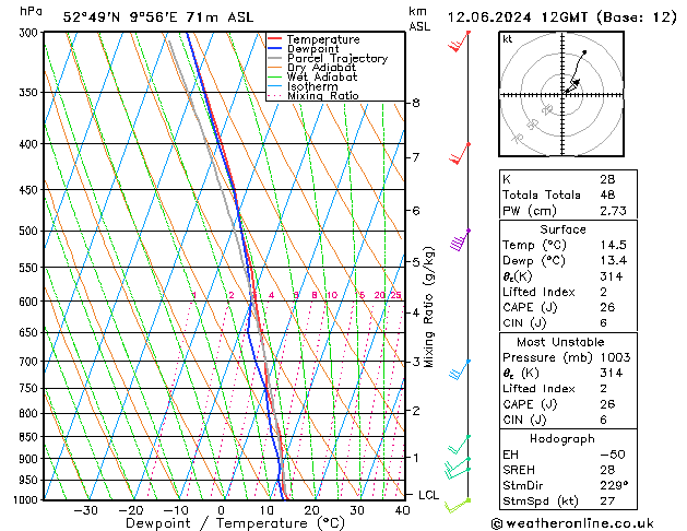 Modell Radiosonden GFS Mi 12.06.2024 12 UTC