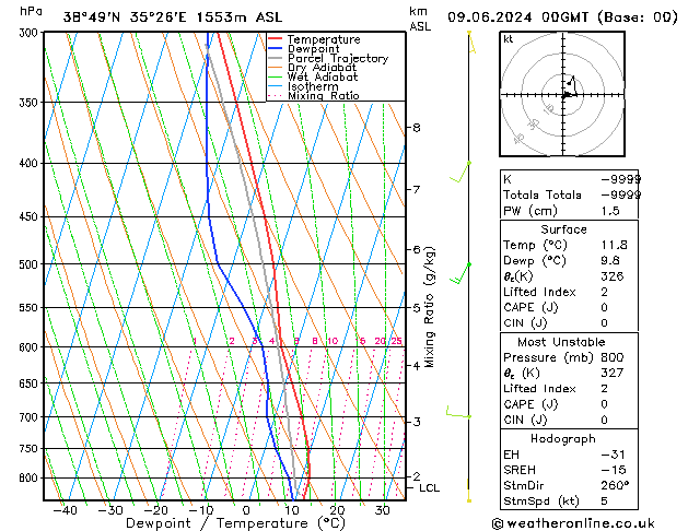 Modell Radiosonden GFS So 09.06.2024 00 UTC