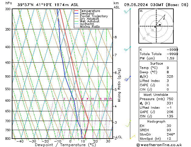 Modell Radiosonden GFS So 09.06.2024 03 UTC