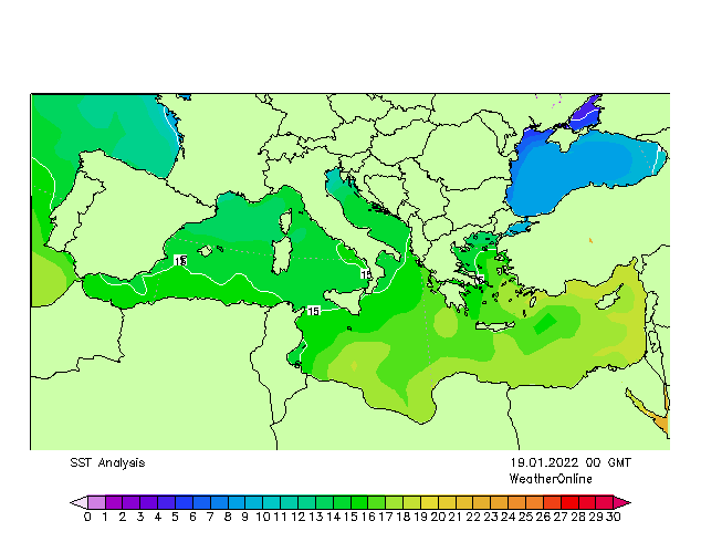 Mediterranean SST We 19.01.2022 00 UTC