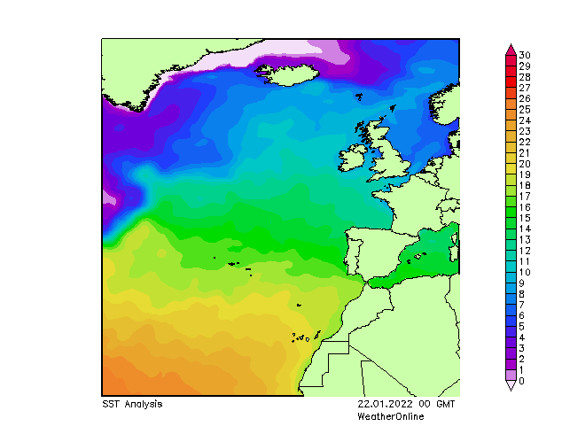 Atlantic Ocean SST Sa 22.01.2022 00 UTC