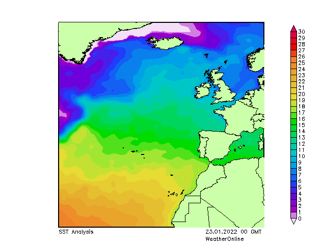 Atlantic Ocean SST Su 23.01.2022 00 UTC