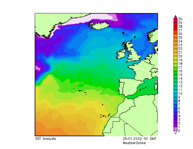 Atlantic Ocean SST Tu 25.01.2022 00 UTC
