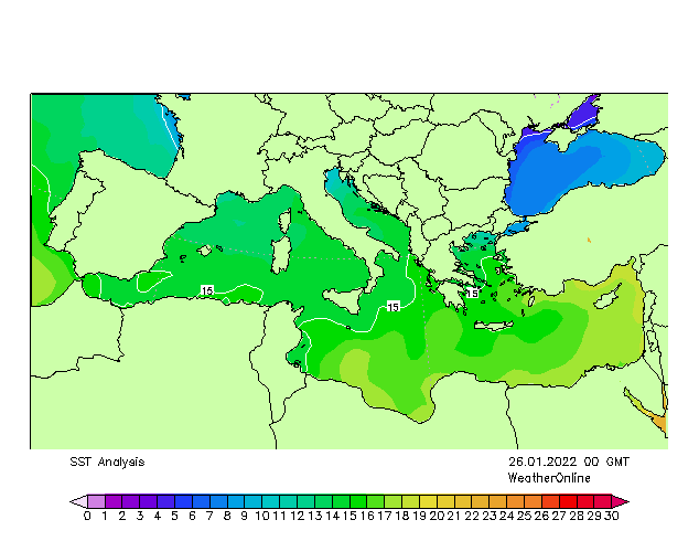 Mar Mediterraneo SST mer 26.01.2022 00 UTC