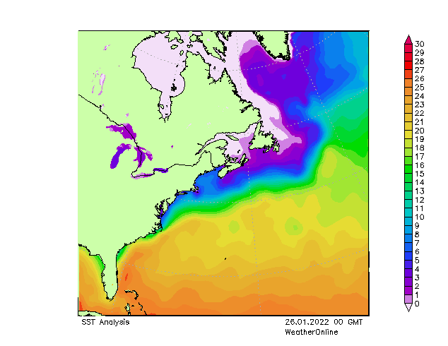 Atlantic Ocean SST We 26.01.2022 00 UTC