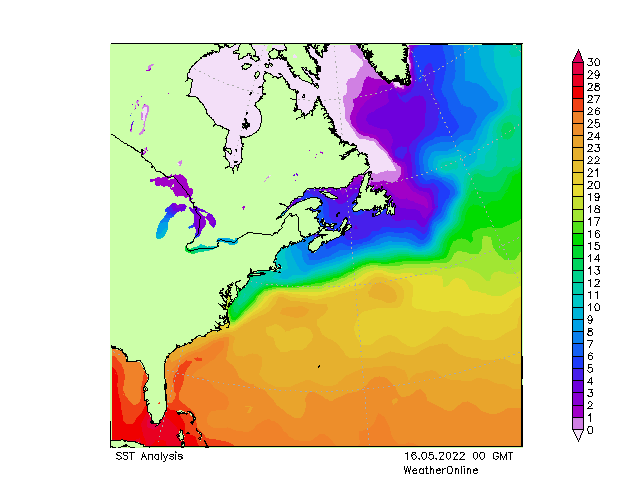 Océano Atlántico SST lun 16.05.2022 00 UTC