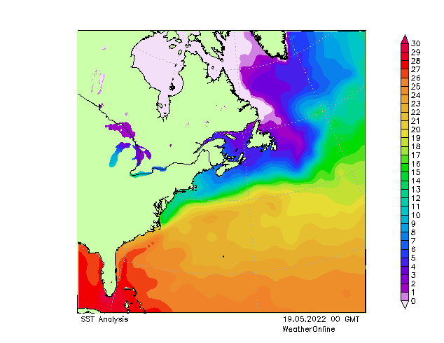Atlantic Ocean SST Th 19.05.2022 00 UTC