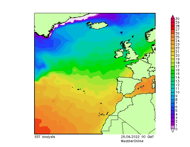 Atlantic Ocean SST Su 26.06.2022 00 UTC