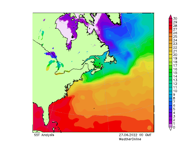 Atlantic Ocean SST Mo 27.06.2022 00 UTC