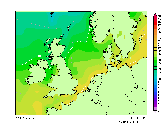 Северное море SST вт 09.08.2022 00 UTC
