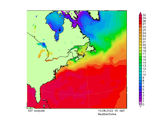 Atlantico SST mer 10.08.2022 00 UTC