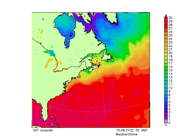 Atlantický SST Út 16.08.2022 00 UTC
