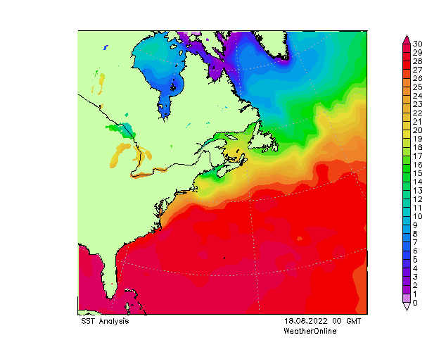 Atlantic Ocean SST Th 18.08.2022 00 UTC