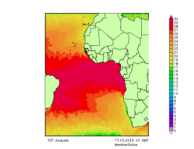 Atlantic Ocean SST Su 17.03.2024 00 UTC