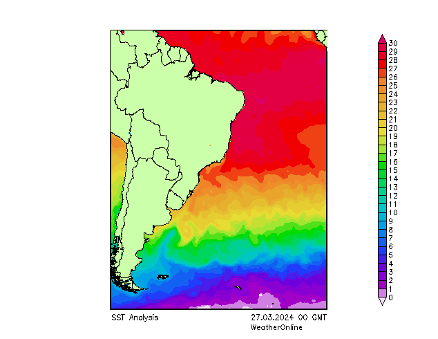 Oceano Atlântico SST Qua 27.03.2024 00 UTC