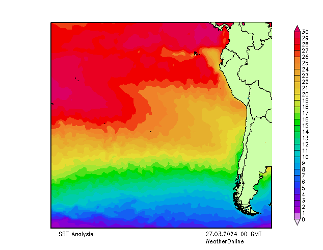 Pacyfik SST śro. 27.03.2024 00 UTC