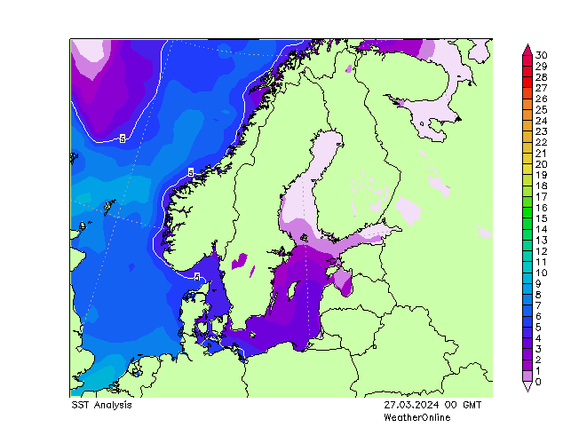 Baltské moře SST St 27.03.2024 00 UTC