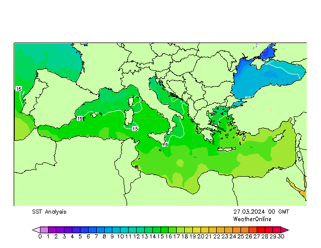 Mar Mediterrâneo SST Qua 27.03.2024 00 UTC