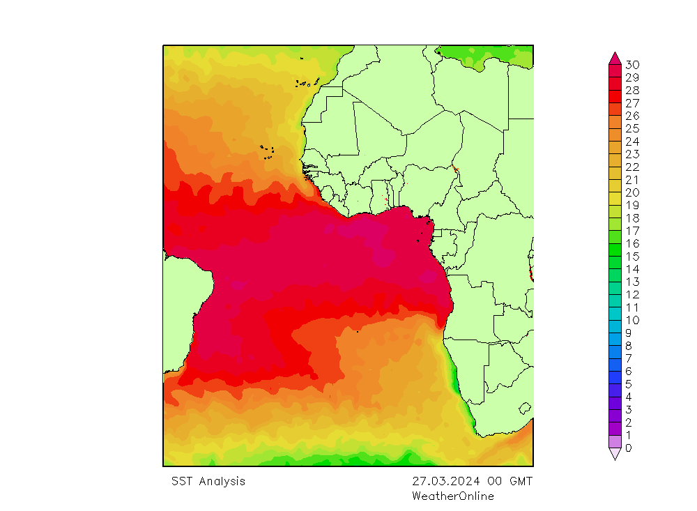 Océano Atlántico SST mié 27.03.2024 00 UTC