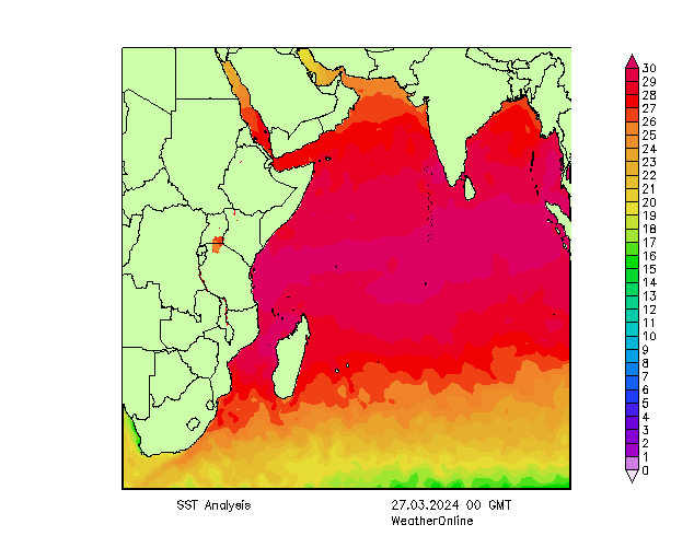 Ocean Indyjski SST śro. 27.03.2024 00 UTC