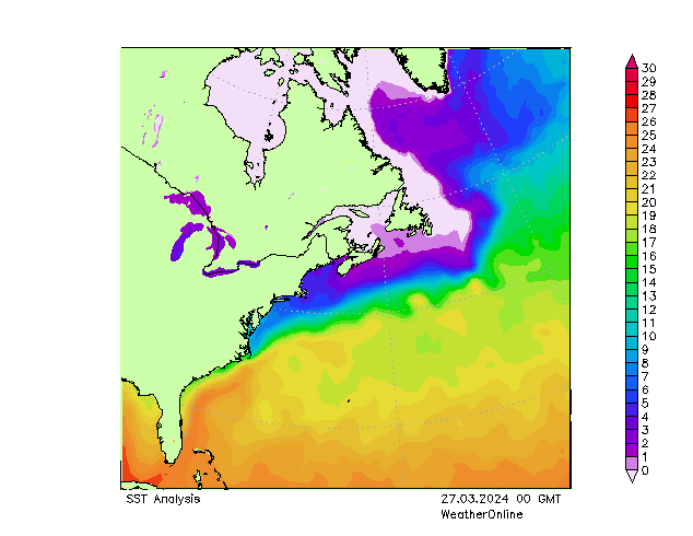 Oceano Atlântico SST Qua 27.03.2024 00 UTC