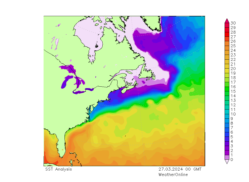 Atlantic Ocean SST We 27.03.2024 00 UTC