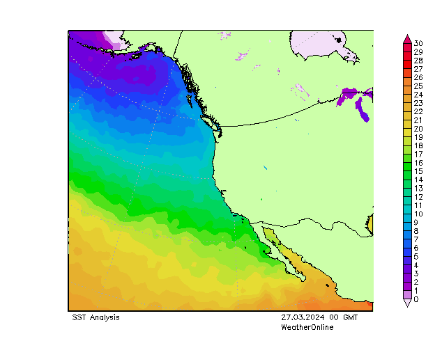 Pacyfik SST śro. 27.03.2024 00 UTC