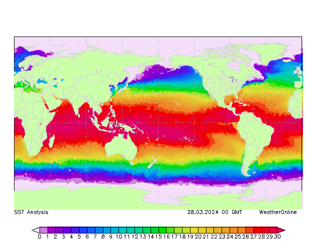 Mondo SST gio 28.03.2024 00 UTC