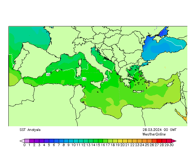 Středomoří SST Čt 28.03.2024 00 UTC