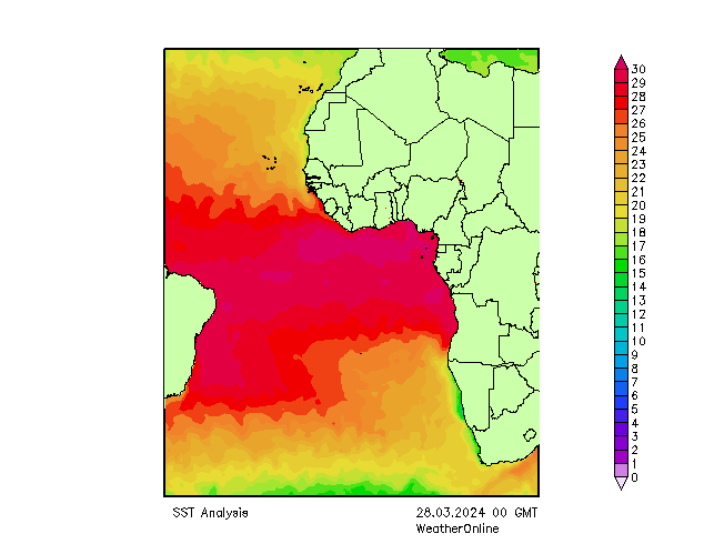 Océano Atlántico SST jue 28.03.2024 00 UTC