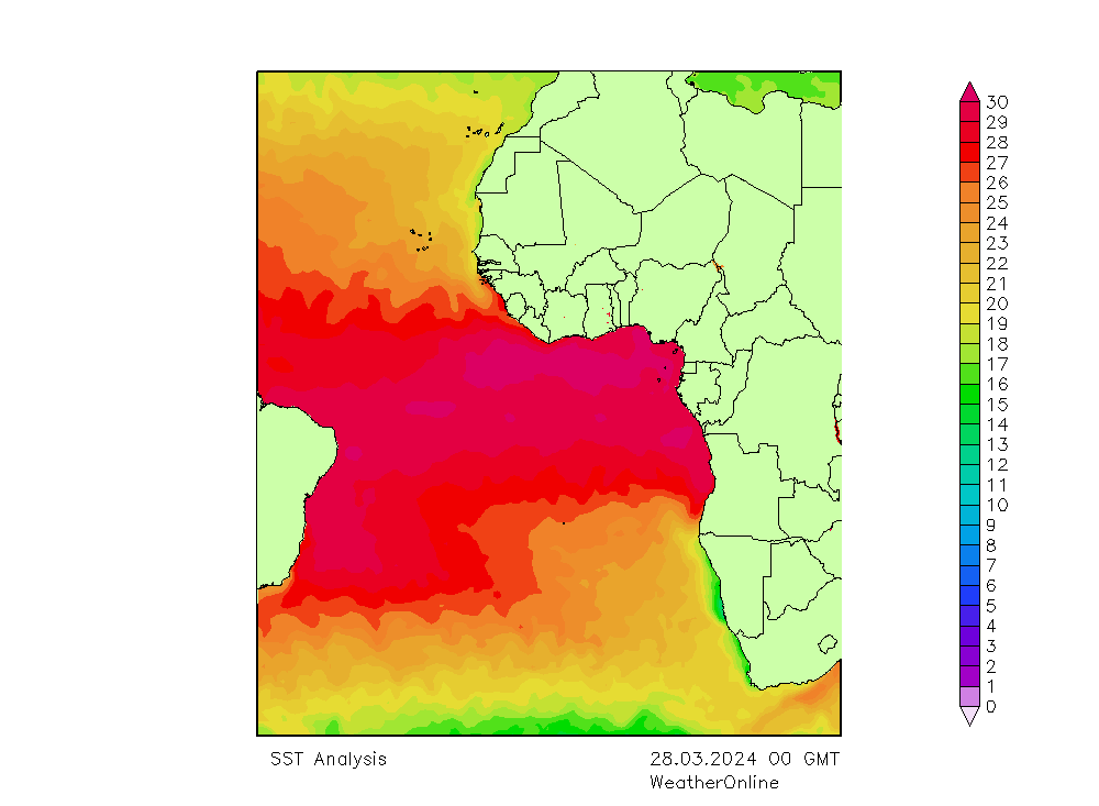 Atlantic Ocean SST Th 28.03.2024 00 UTC