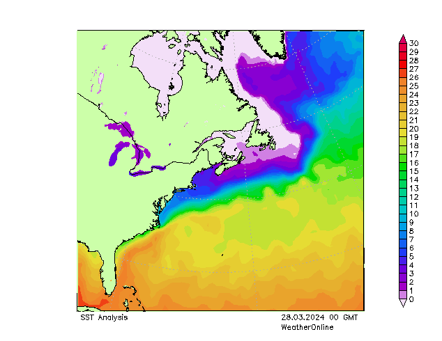 Océan Atlantique SST jeu 28.03.2024 00 UTC