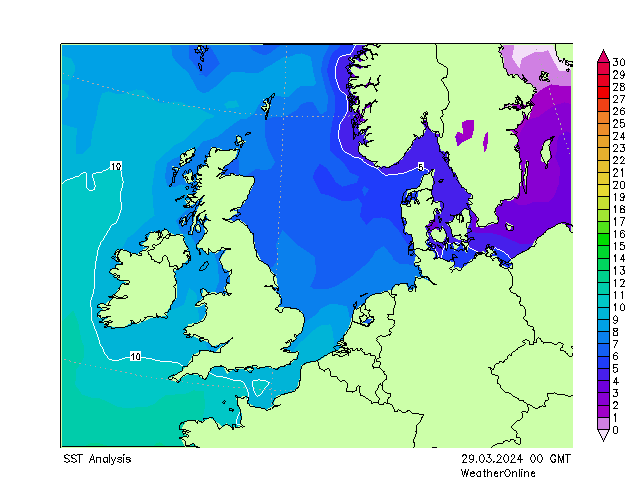 North Sea SST Fr 29.03.2024 00 UTC