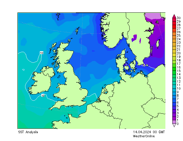 North Sea SST Su 14.04.2024 00 UTC