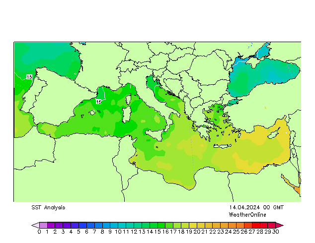Mediterranean SST  14.04.2024 00 UTC