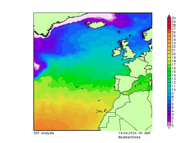 Ocean Atlantycki SST nie. 14.04.2024 00 UTC