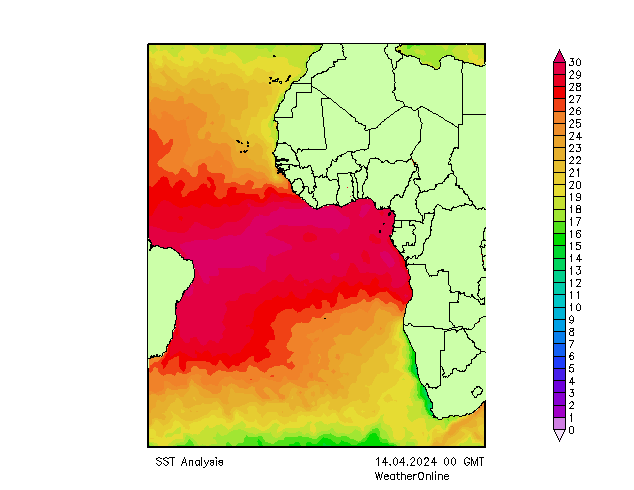 Ocean Atlantycki SST nie. 14.04.2024 00 UTC