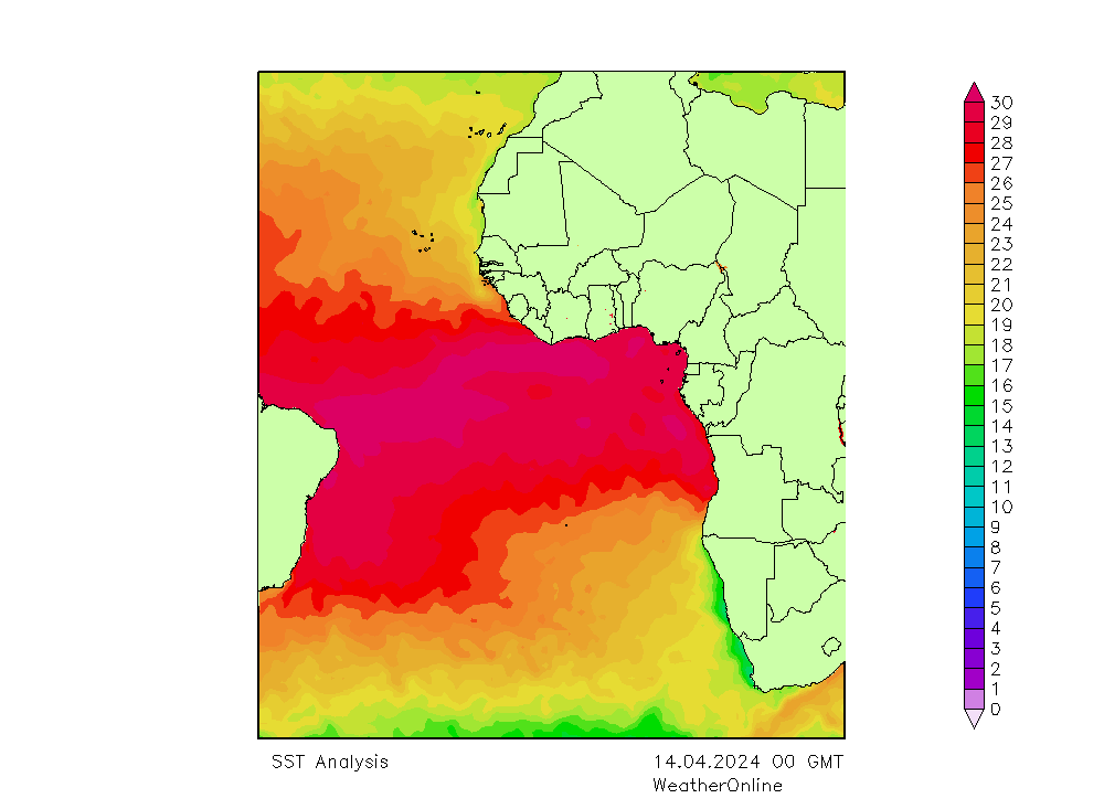 Atlantic Ocean SST  14.04.2024 00 UTC