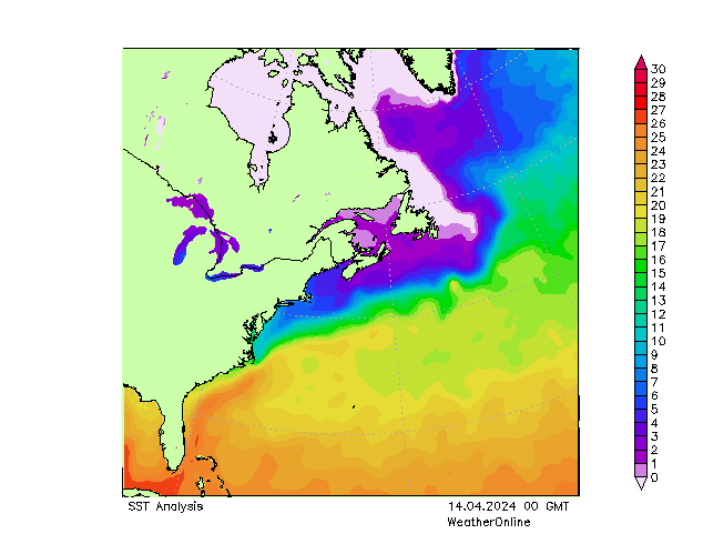 Océano Atlántico SST dom 14.04.2024 00 UTC