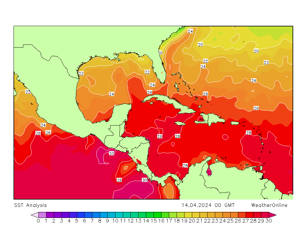 Caribian SST Su 14.04.2024 00 UTC