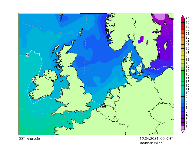 North Sea SST Fr 19.04.2024 00 UTC