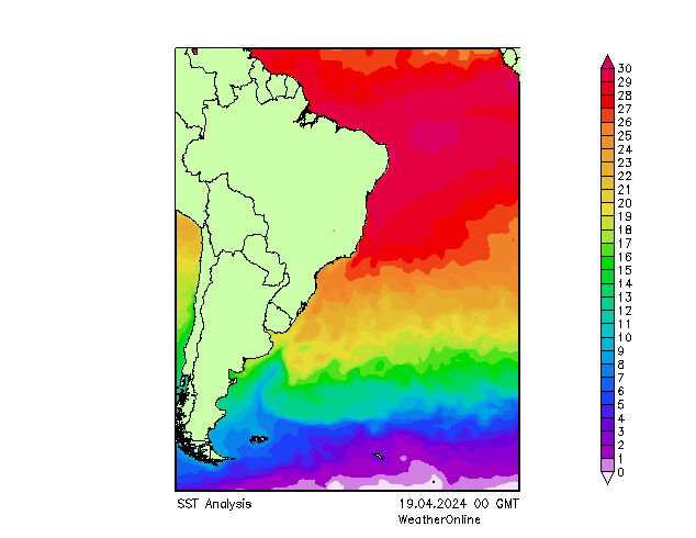 Océano Atlántico SST vie 19.04.2024 00 UTC